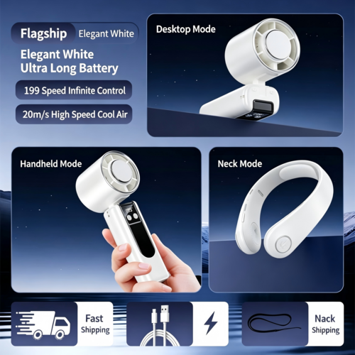 Portable Semiconductor Cooling Fan – 199 Speeds, Instant 16°C Cool Air, Foldable 3-in-1 Design