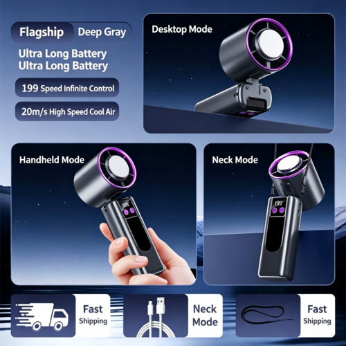 Portable Semiconductor Cooling Fan – 199 Speeds, Instant 16°C Cool Air, Foldable 3-in-1 Design