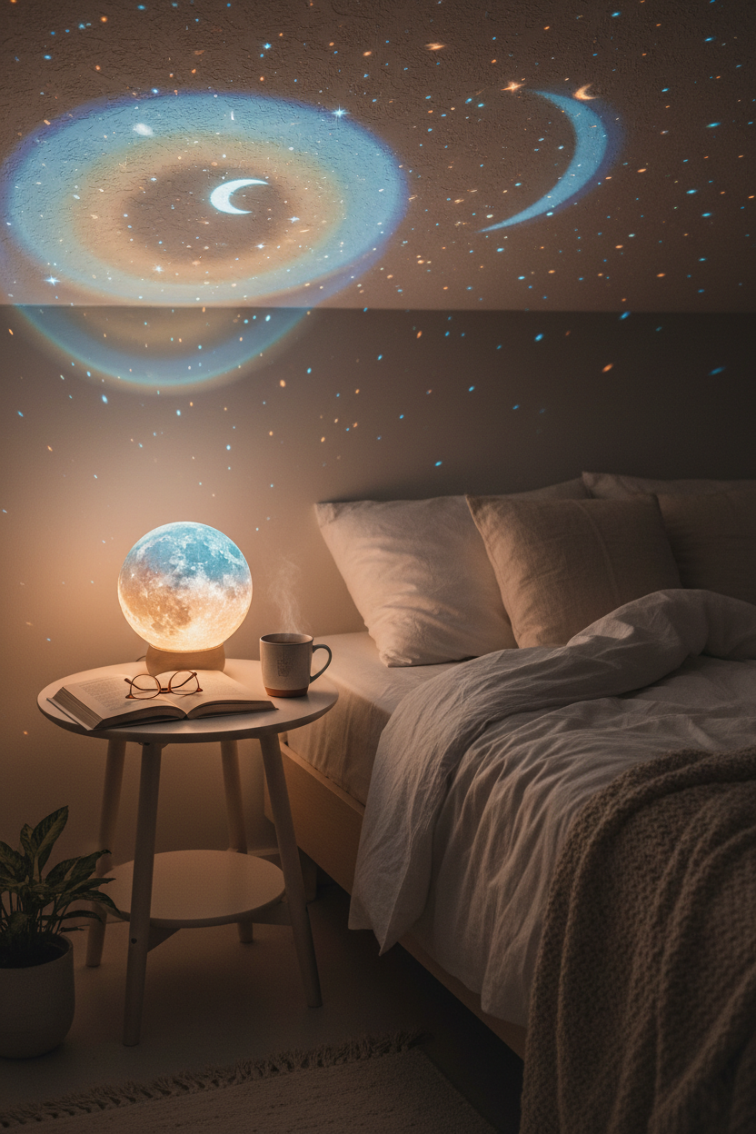 Starry Moon Lamp – LED Night Light Gift, Bedroom Decor, Star Projector for Cosy Rooms